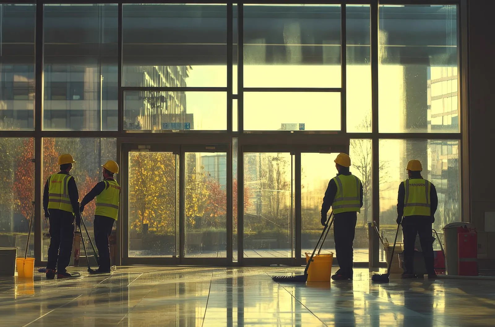 Four people in hard hats and high-visibility vests with mops and buckets in a large glass-fronted hall at low sun