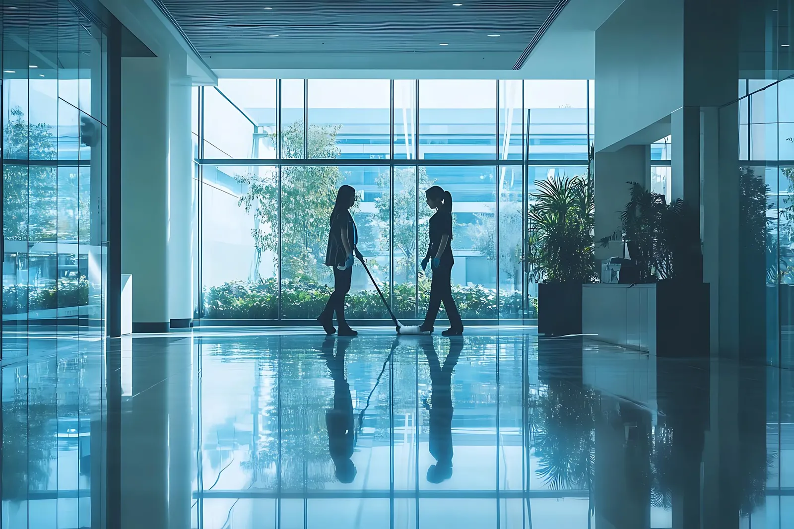 Two people on a polished floor in front of a glass wall in a bright hall, one holding a mop