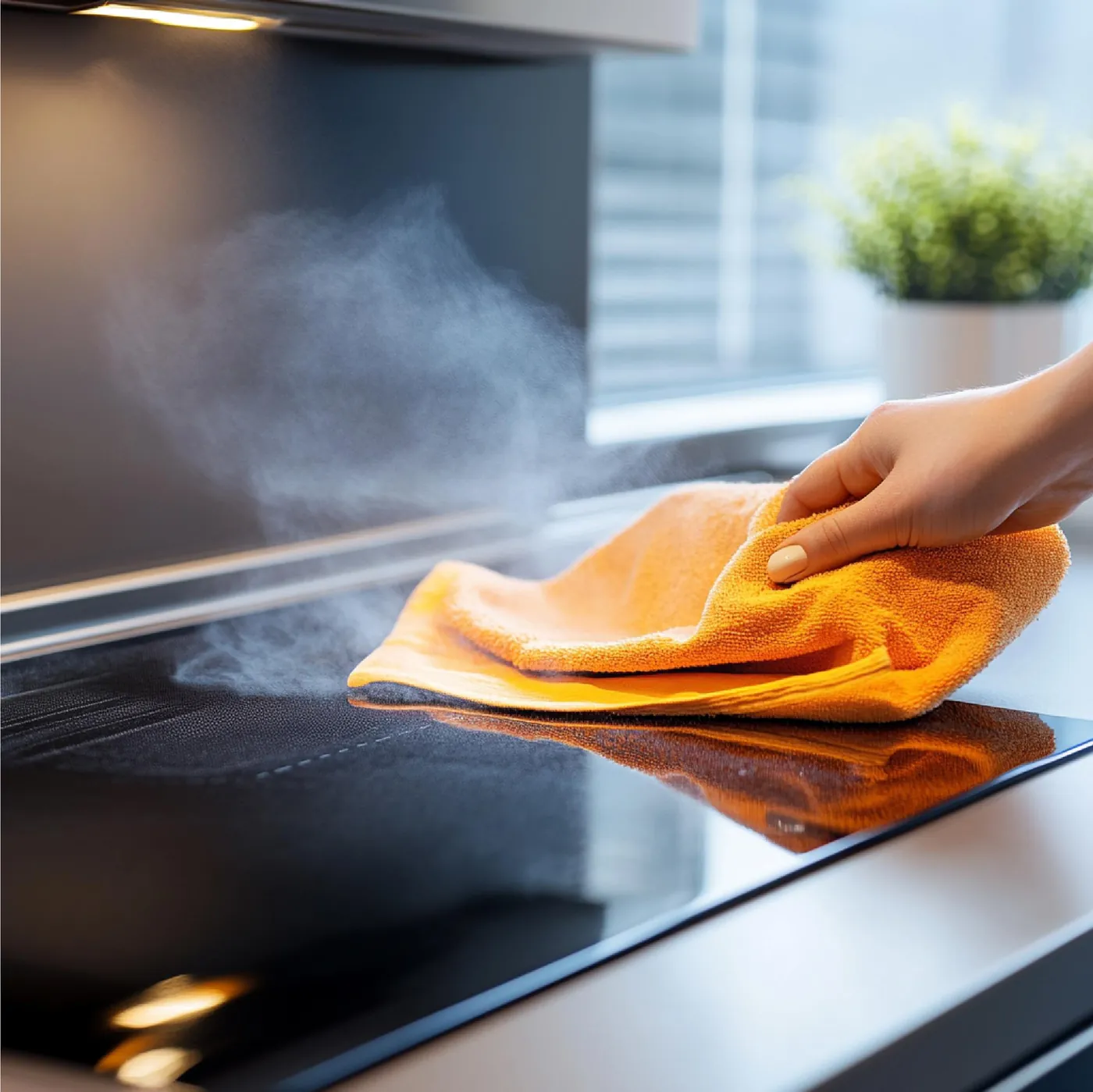 A hand wiping a black glass hob with an orange microfibre cloth