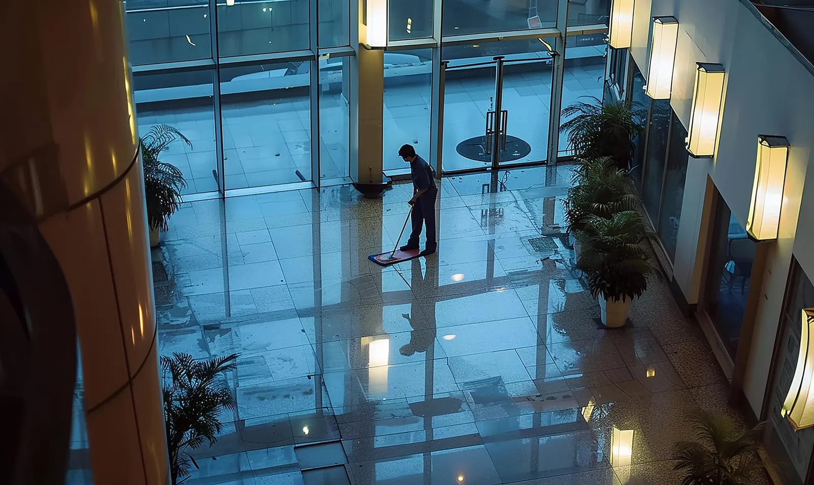 A person mopping a tiled floor in a large glass-walled entrance hall, seen from above