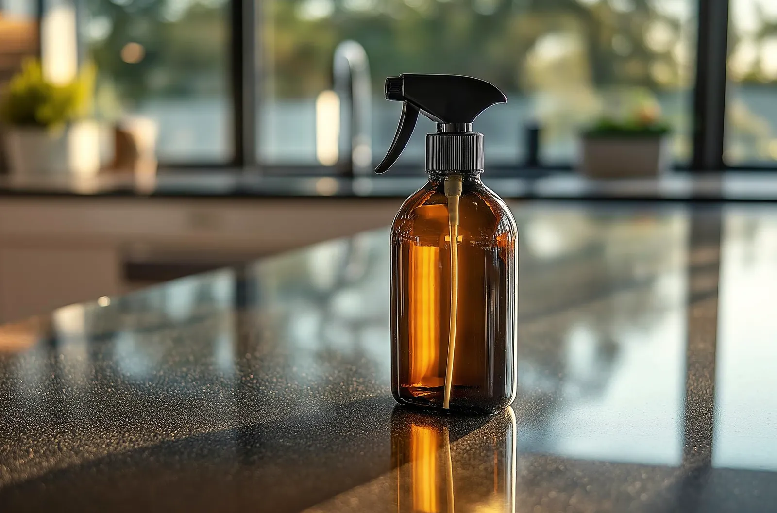An amber spray bottle standing on a dark stone counter in a bright kitchen